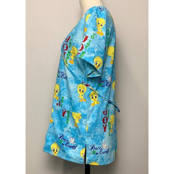Looney Tunes Tweety Christmas Scrub Top Size S Blue Cartoon Print V-Neck Holiday - Picture 2 of 16